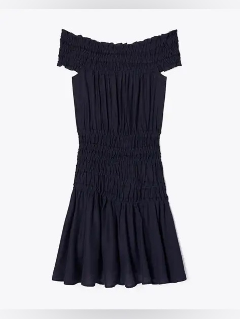 NWT Tory Burch Navy Asymmetrical Smocked Cotton Off Shoulder Dress Wmns Sz M